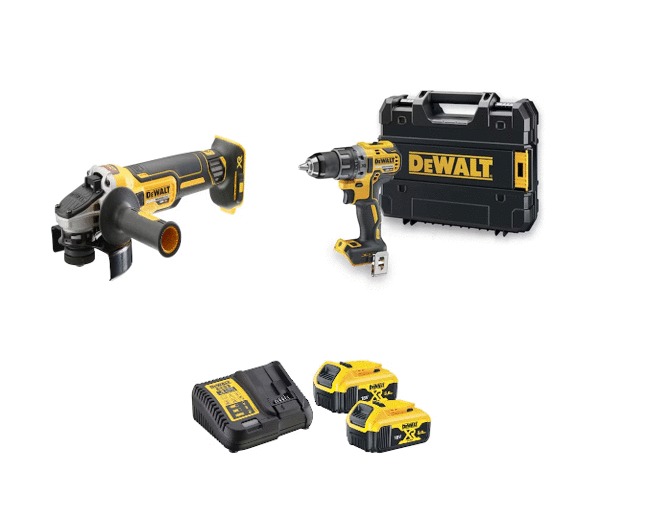 Pack2 outils 18 V XR (DCD791 + DCG405) + 2 batteries 5 Ah + chargeur + coffret T-STAK DEWALT DCK2020P2T