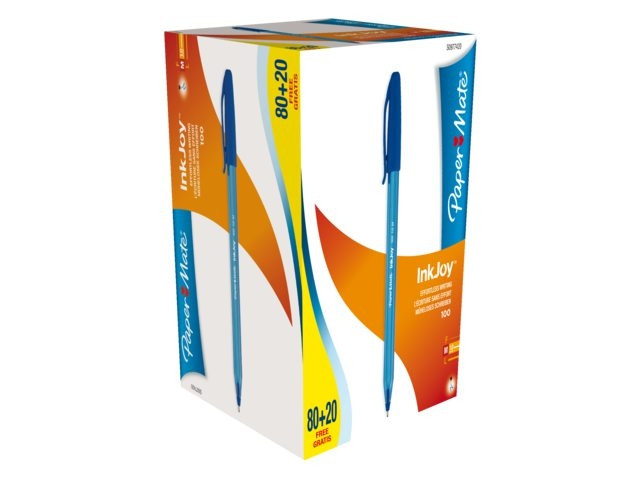 Boîte de 100 stylos Inkjoy bleus à capuchon