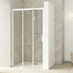 Paroi de douche SMART DESIGN 3V avec 3 volets 2 coulissants 120 cm profilé blanc verre transparent gauche KINEDO PA90266BTNEG