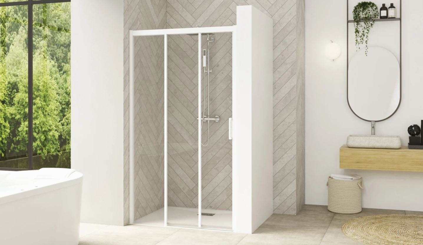 Paroi de douche SMART DESIGN 3V avec 3 volets 2 coulissants 140cm profilé blanc verre transparent droite KINEDO PA90268BTNED