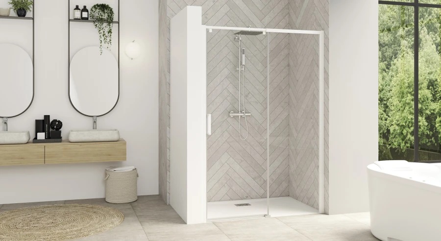 Paroi de douche SMART DESIGN C 147 - 160 cm coulissant profilé blanc sans seuil verre transparent gauche largeur 160 cm KINEDO PA9236BTNEG