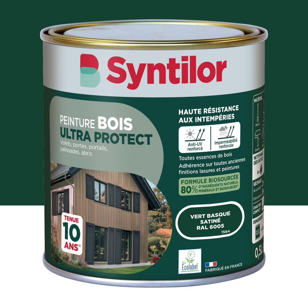 Peinture exterieure bois Ultra protect SYNTILOR vert basque satine 0.5l
