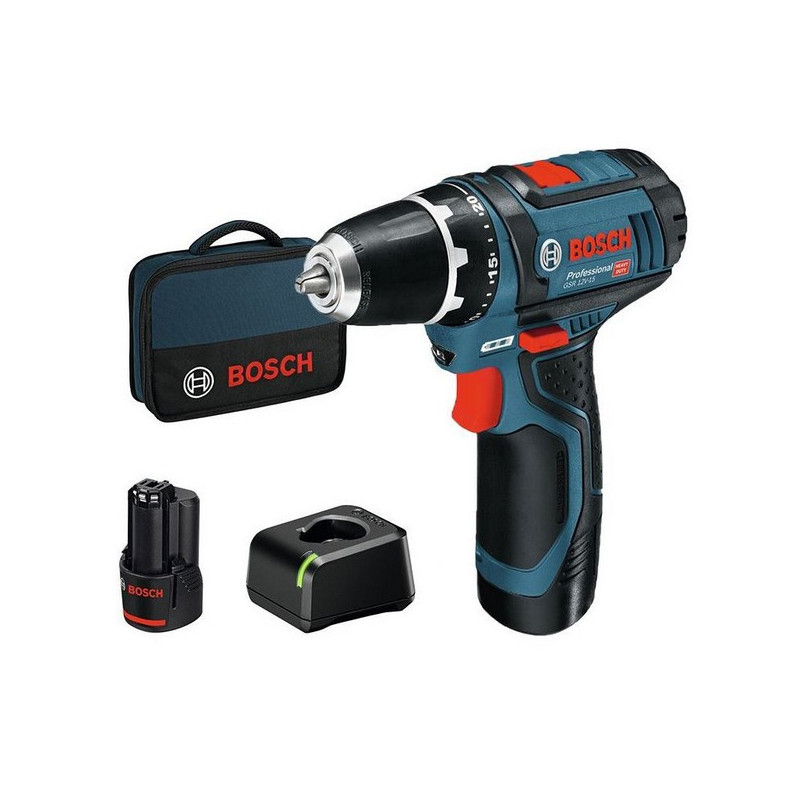 Perceuse-visseuse 12 V GSR 12V-15 + 2 batteries 2 Ah + chargeur + sacoche BOSCH 060186810F