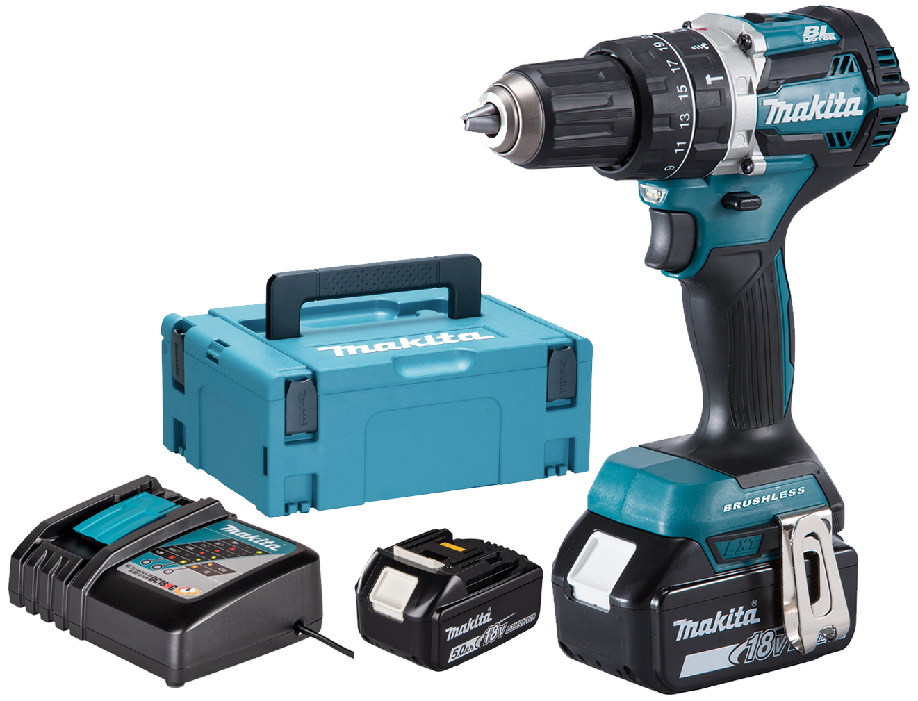 Perceuse visseuse à percussion 18 V + 2 batteries 5 Ah + chargeur + coffret MAKPAC MAKITA DHP484RTJ