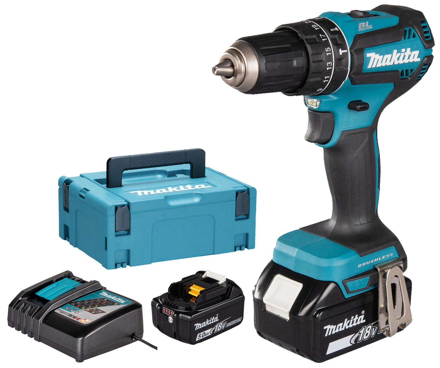 Perceuse-visseuse à percussion 18 V + 2 batteries 5 Ah + chargeur rapide + coffret MAKPAC MAKITA DHP485RTJ
