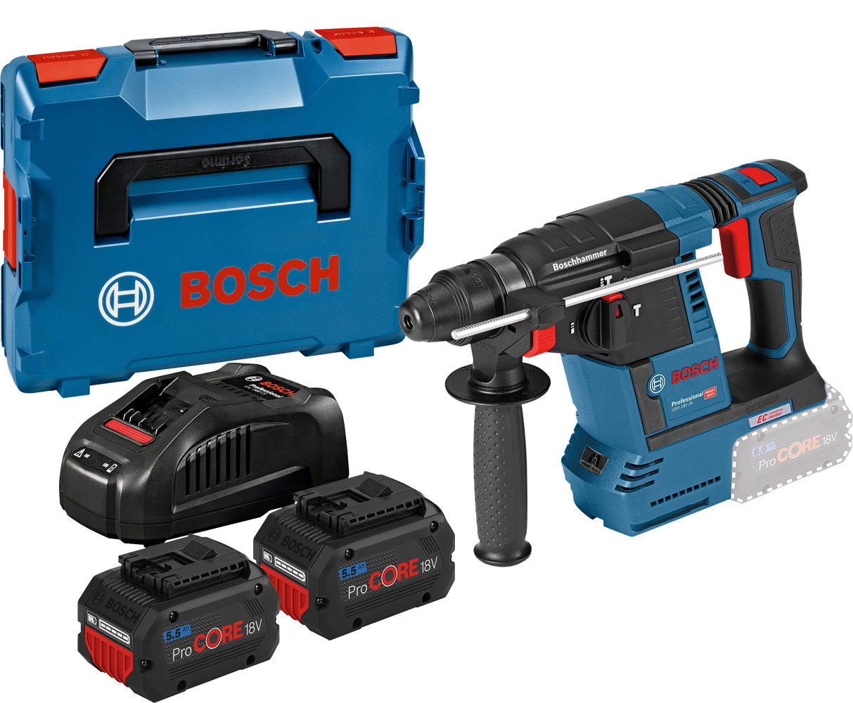 Perforateur SDS Plus 18 V GBH18V-26 + 2 batteries ProCore 5,5 Ah + chargeur + coffret L-BOXX BOSCH 0611909001