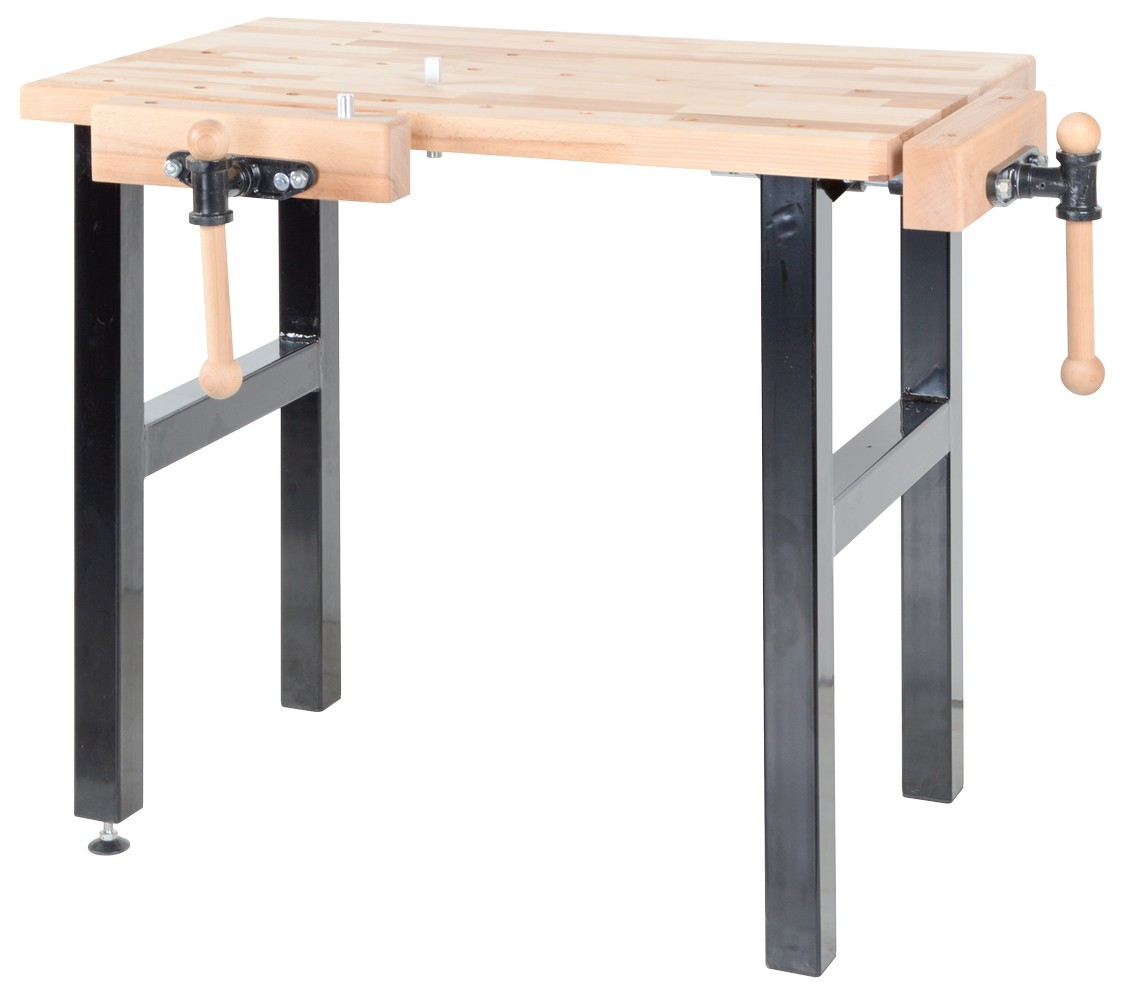 Établi de bricolage 1000 mm avec 2 étaux - Plateau hêtre massif et pieds acier