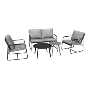 Ensemble salon de jardin complet 5 places Bali en acier - Toile tendue en TPEP - gris