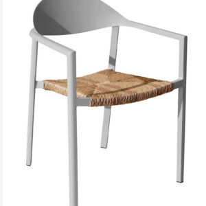 Fauteuil empilable - BAGE - Aluminium époxy blanc - Assise wicker beige
