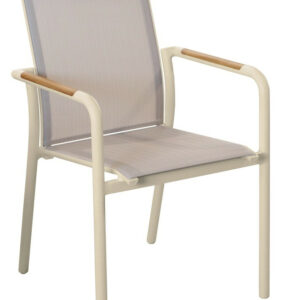 Fauteuil repas empilable - AROHA - Crème chevron - Aluminium époxy - Accoudoirs teck FSC