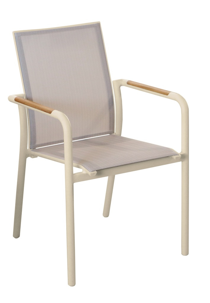 Fauteuil repas empilable - AROHA - Crème chevron - Aluminium époxy - Accoudoirs teck FSC