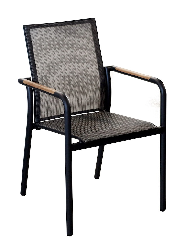 Fauteuil repas empilable - AROHA - Graphite chevron - Aluminium époxy - Accoudoirs teck FSC