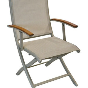 Fauteuil repas pliant - TREVISE - Crème chevron - Aluminium époxy - Accoudoirs teck FSC