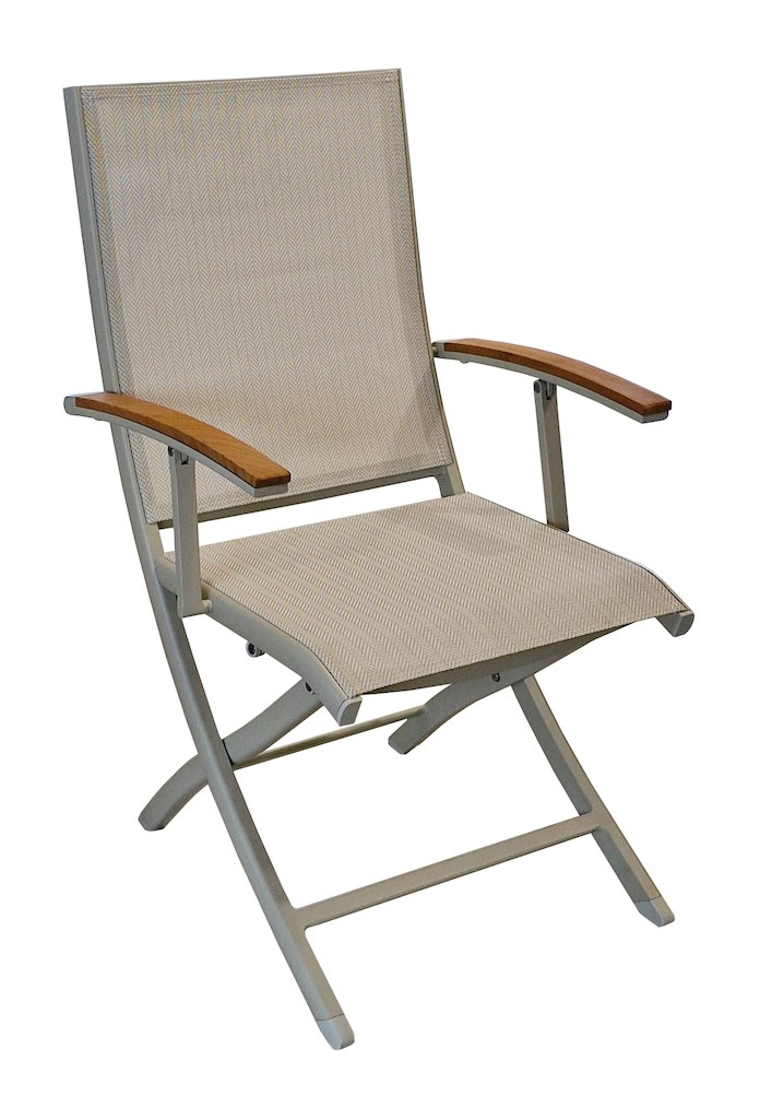 Fauteuil repas pliant - TREVISE - Crème chevron - Aluminium époxy - Accoudoirs teck FSC