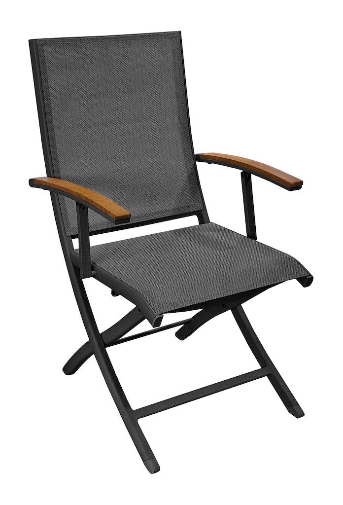 Fauteuil repas pliant - TREVISE - Graphite chevron - Aluminium époxy - Accoudoirs teck FSC