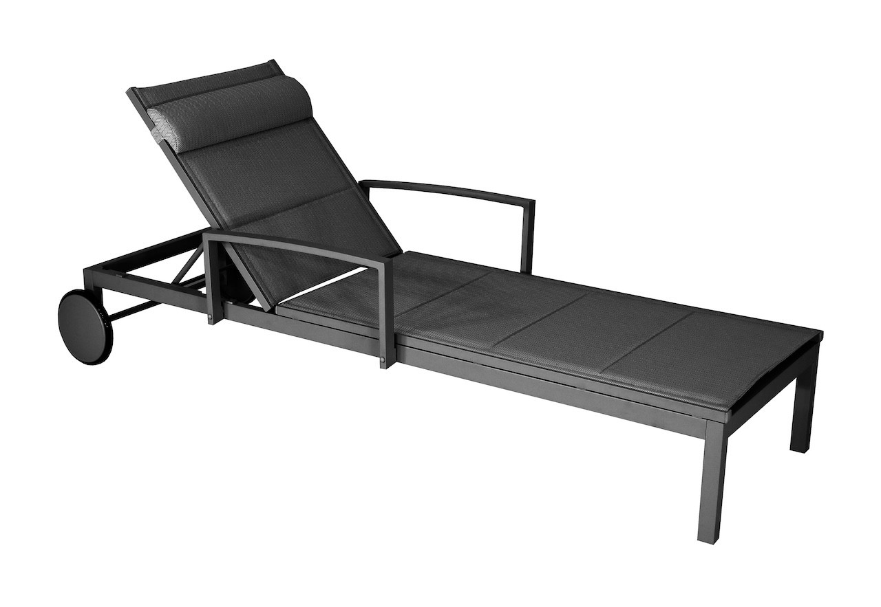 Lit de relaxation en aluminium et TPEP matelassé - NINA - Dossier réglable avec accoudoirs et roues - Coloris graphite et chevro