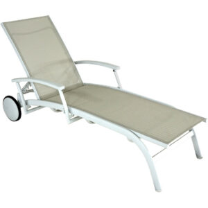 Lit - ELEGANCE - Aluminium - Toile TPEP crème/chevron - Accoudoirs escamotables - Roues