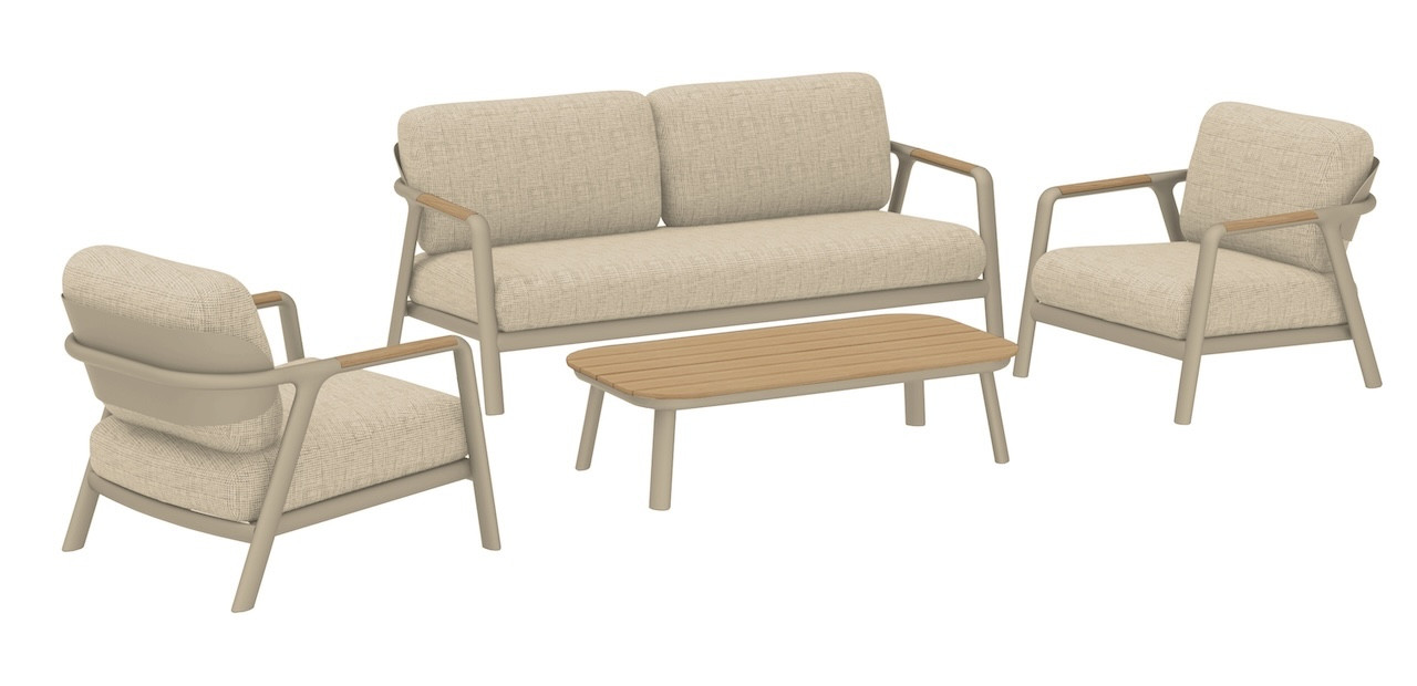 Salon bas 4 pièces en aluminium avec coussins - PERLE - Coloris crème et chêne