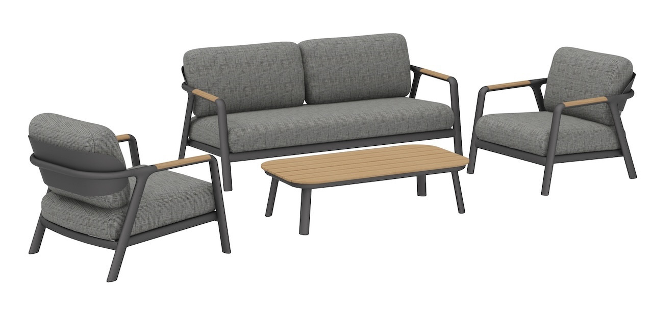 Salon bas 4 pièces en aluminium avec coussins - PERLE - Coloris graphite et chêne