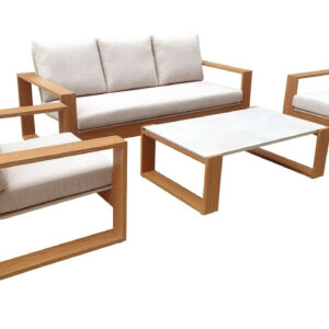 Salon de jardin 4 pièces en aluminium avec coussins - LASER - Coloris chêne et crème