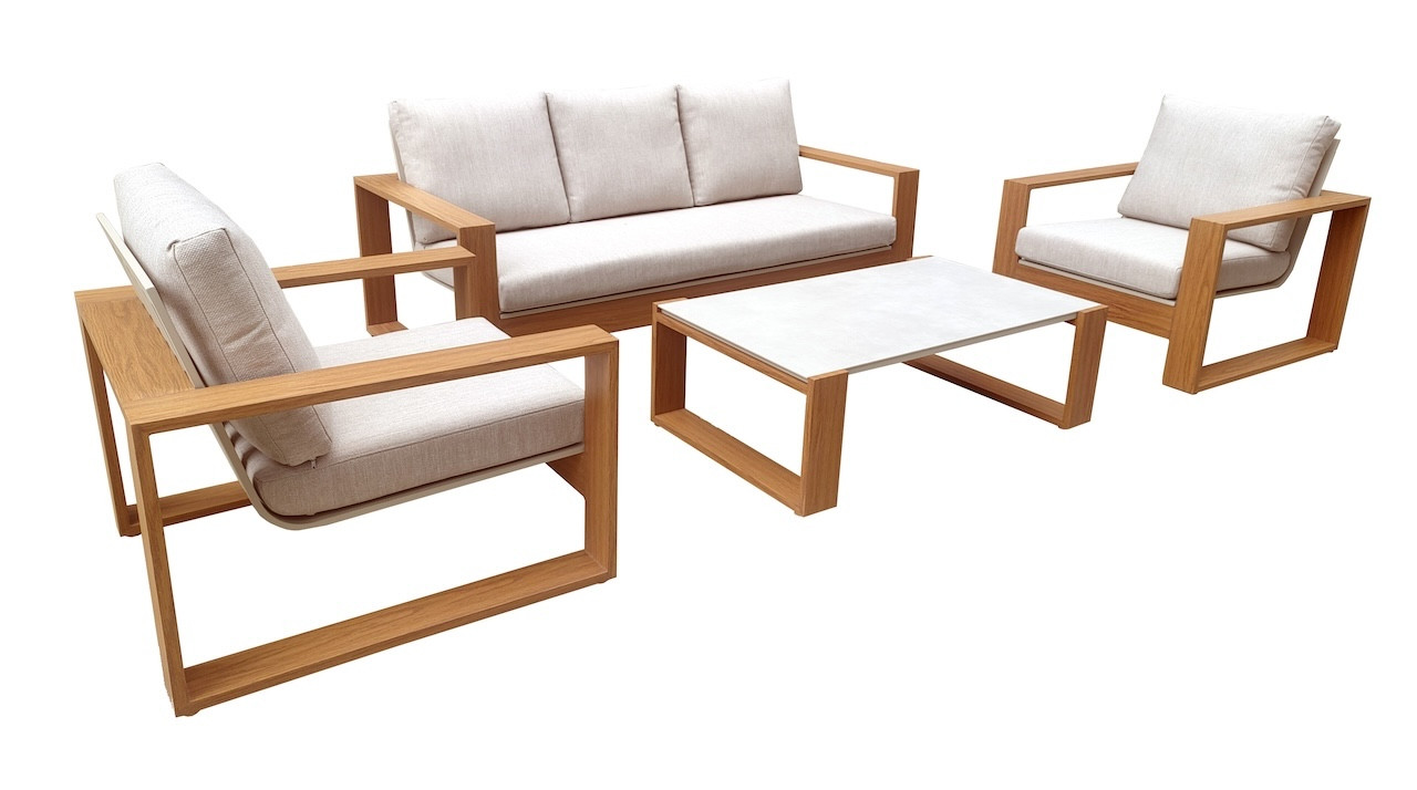 Salon de jardin 4 pièces en aluminium avec coussins - LASER - Coloris chêne et crème