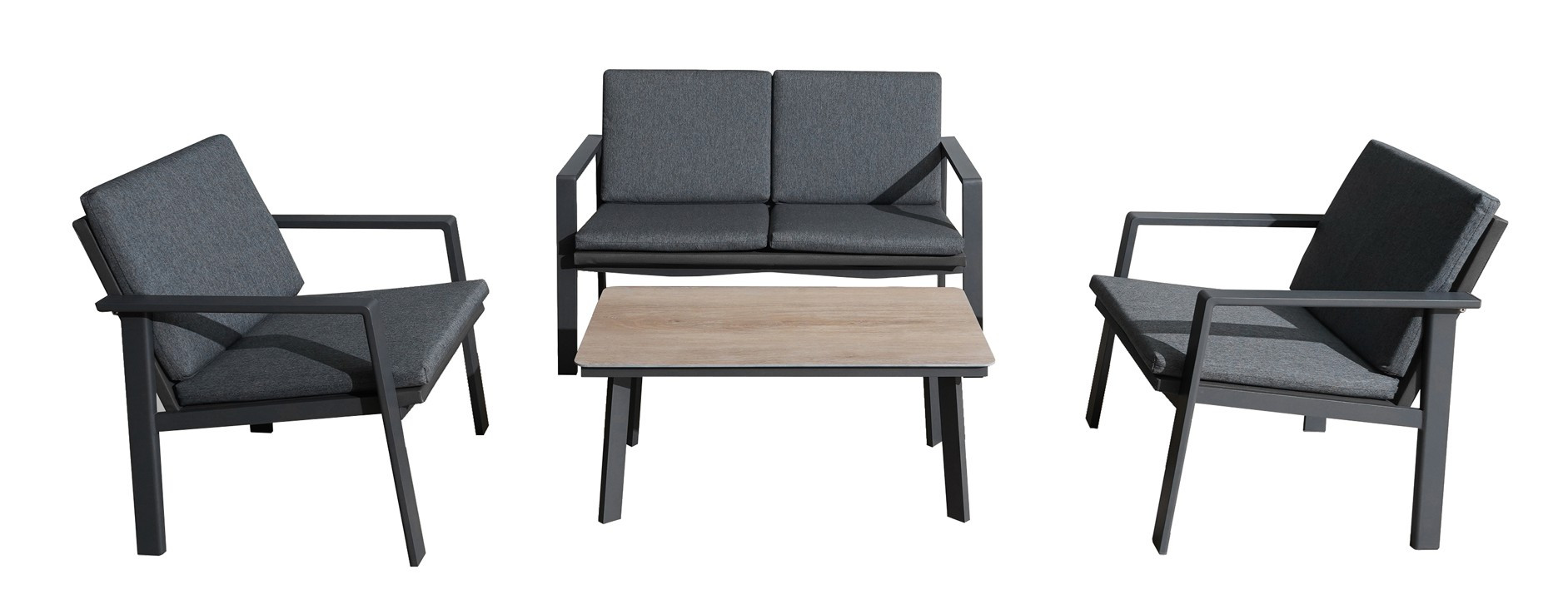 Set ensemble 4 pièces Sun en aluminium/SPC avec coussins - graphite/oak/gris