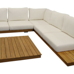Set salon bas NEWCASTLE - 1 canapé d’angle + 1 table basse - Teck / Blanc
