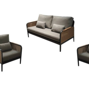 Set salon bas RAPHIA - 1 canapé 2 places + 2 fauteuils - Graphite / Naturel / Gris
