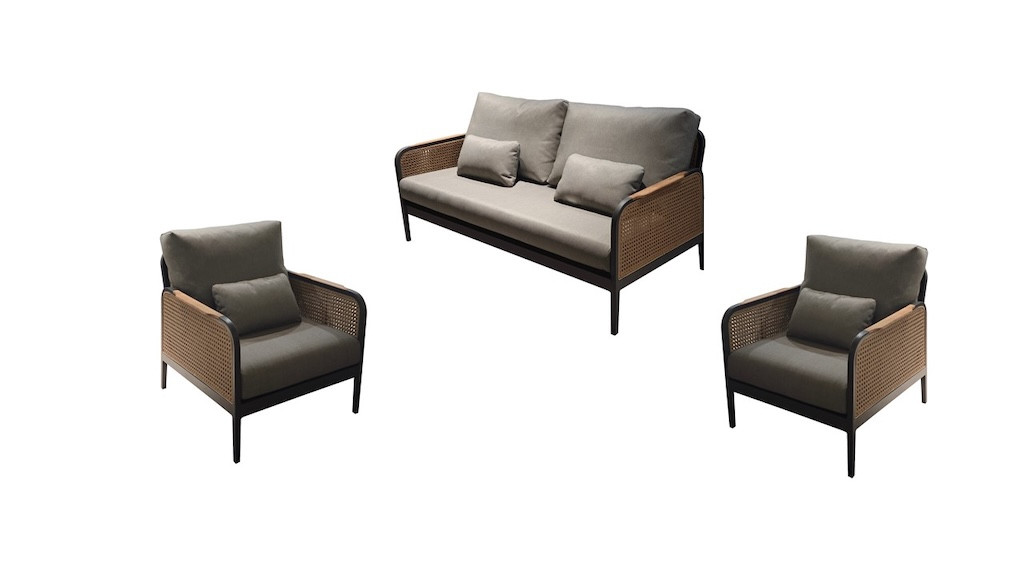 Set salon bas RAPHIA - 1 canapé 2 places + 2 fauteuils - Graphite / Naturel / Gris