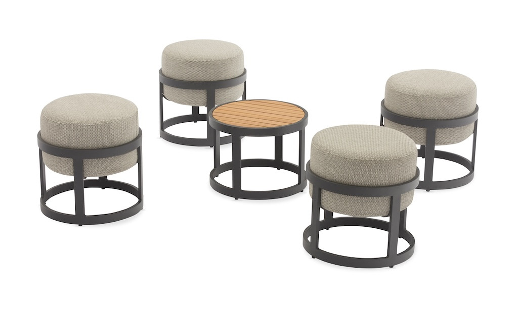 Set TOTEM (4 tabourets + 1 table) - Empilable - Aluminium époxy / Teck FSC - Graphite