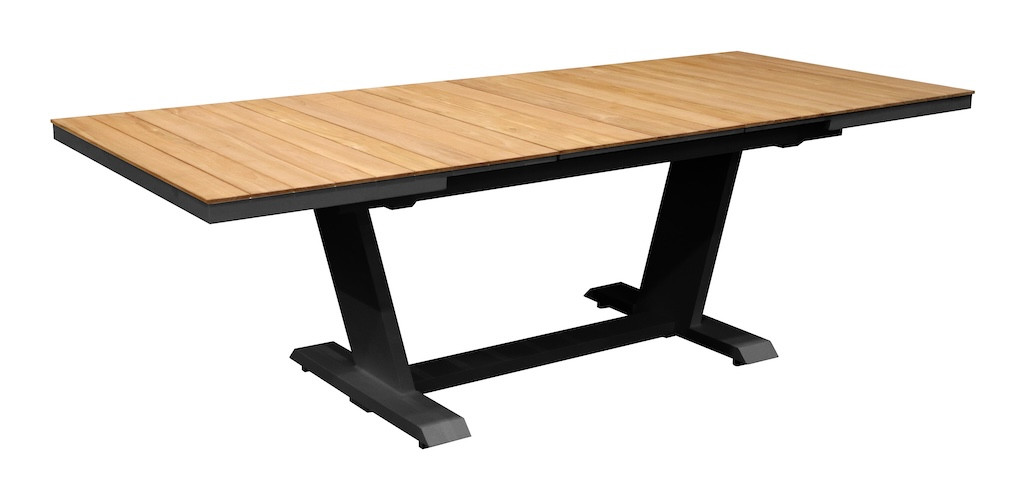Table de repas extensible - AMBER - 180/240 x 100 cm - Aluminium époxy graphite / Lames teck - Allonge automatique