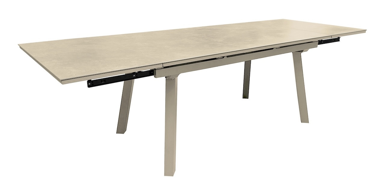 Table de repas extensible en aluminium et céramique – AGRA 150/200/250 x 90 – Allonges en bout – Coloris crème et cream