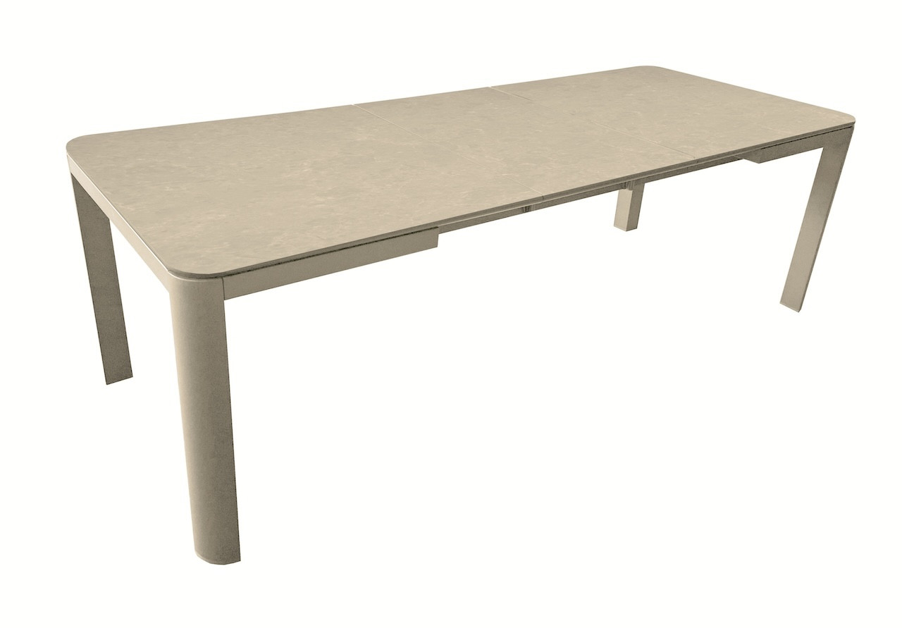 Table de repas extensible en aluminium et céramique – ALMA 140/180 x 70 – Allonge automatique – Coloris crème et cream