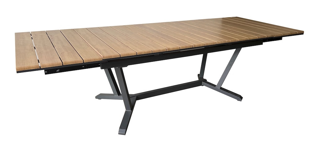 Table extensible - DARWIN - Aluminium époxy graphite - Plateau à lattes finition Heat Transfer chêne - 174/224/274 x 100 cm