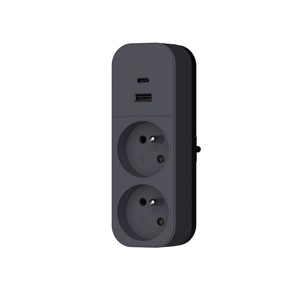 Biplite 2P+T 16A + 2USB, Bi-ton noir/Anthracite