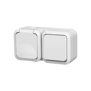 Double va-et-vient avec prise horizontale étanche blanche IP55 - commande et alimentation extérieure