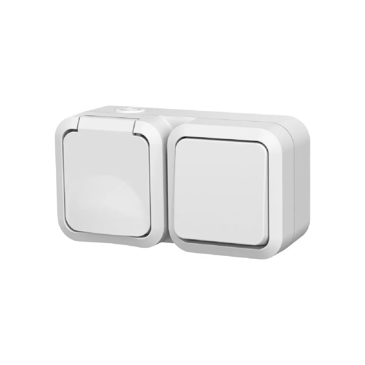 Double va-et-vient avec prise horizontale étanche blanche IP55 - commande et alimentation extérieure