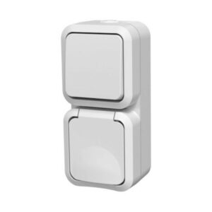 Double va-et-vient avec prise verticale étanche blanche IP55 - commande et alimentation extérieure