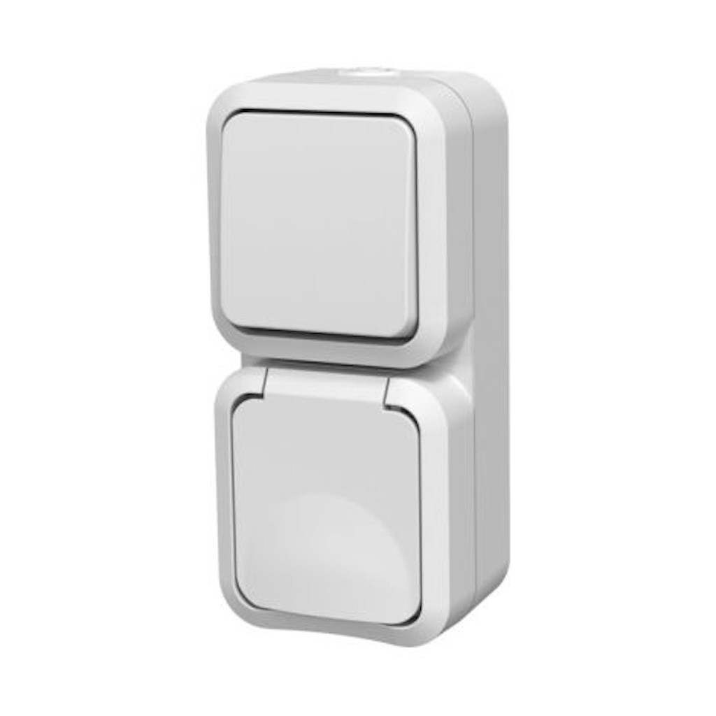 Double va-et-vient avec prise verticale étanche blanche IP55 - commande et alimentation extérieure
