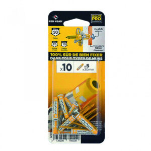 Lot de 10 cheville et vis couleur RED HEAD, Diam.5 mm x L.30 mm
