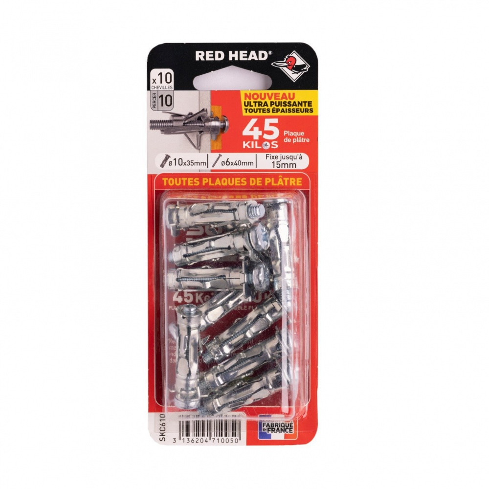 Lot de 10 chevilles Diam. 10 x L.35 mm et vis a expansion RED HEAD, Diam. 6 x L.340 mm