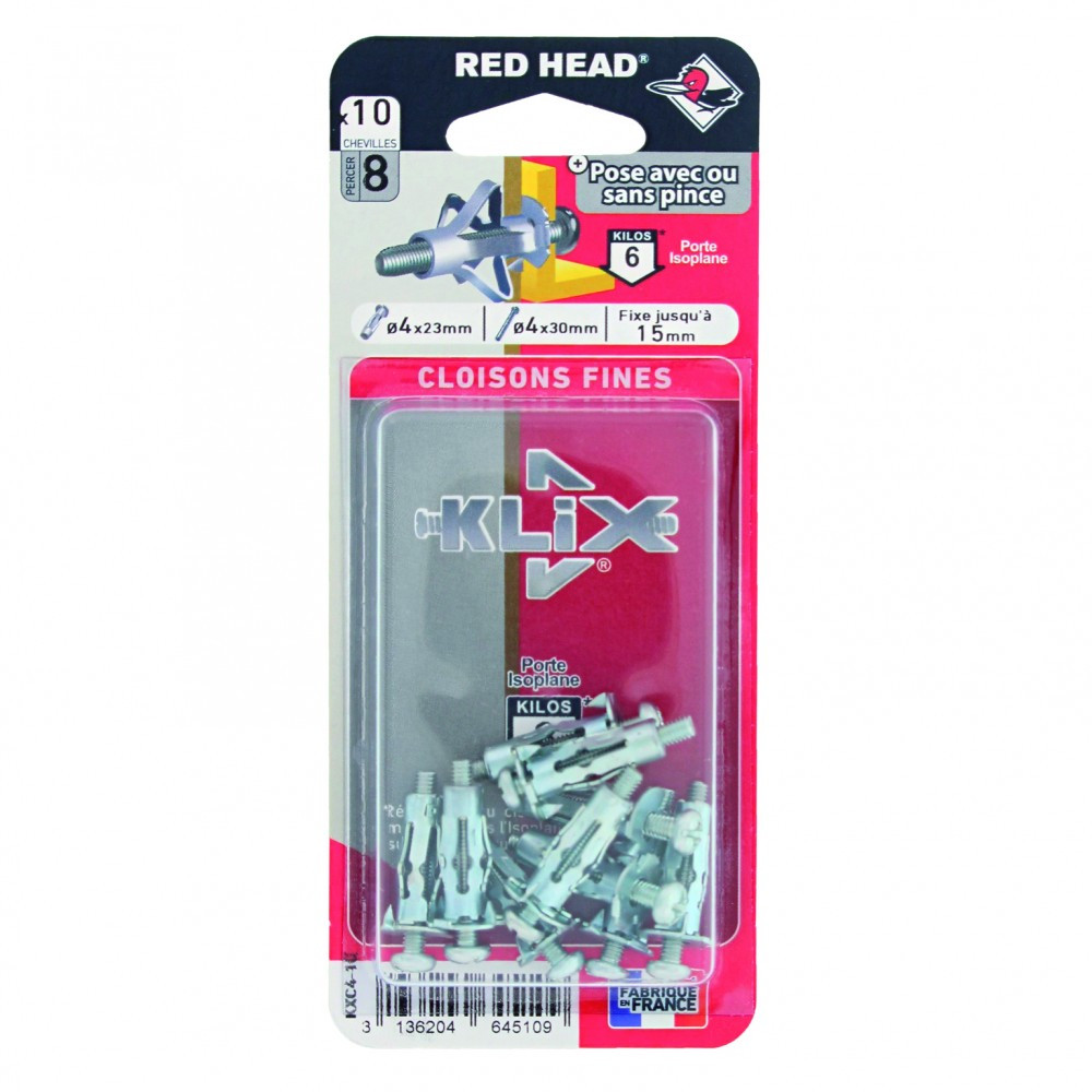 Lot de 10 chevilles et vis à expansion klix KXC410 RED HEAD, Diam.8 x L.23 mm