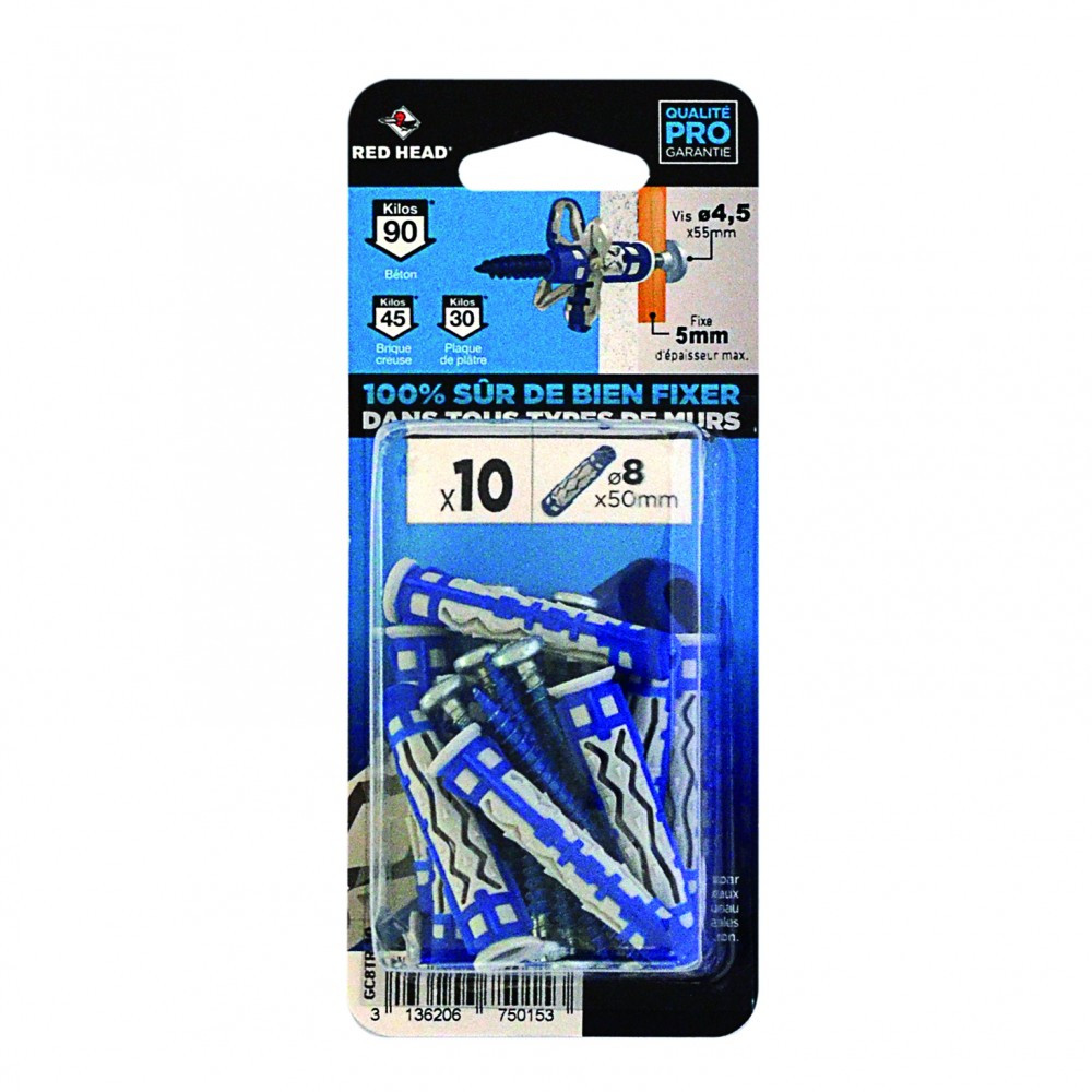 Lot de 10 chevilles et vis couleur RED HEAD, Diam.8 mm x L.50 mm