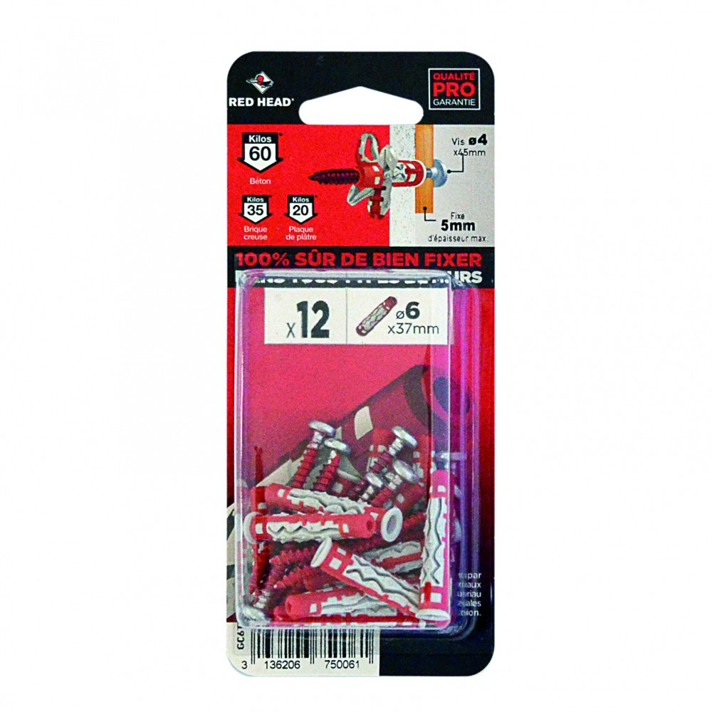 Lot de 12 chevilles et vis couleur RED HEAD, Diam.6 mm x L.37 mm