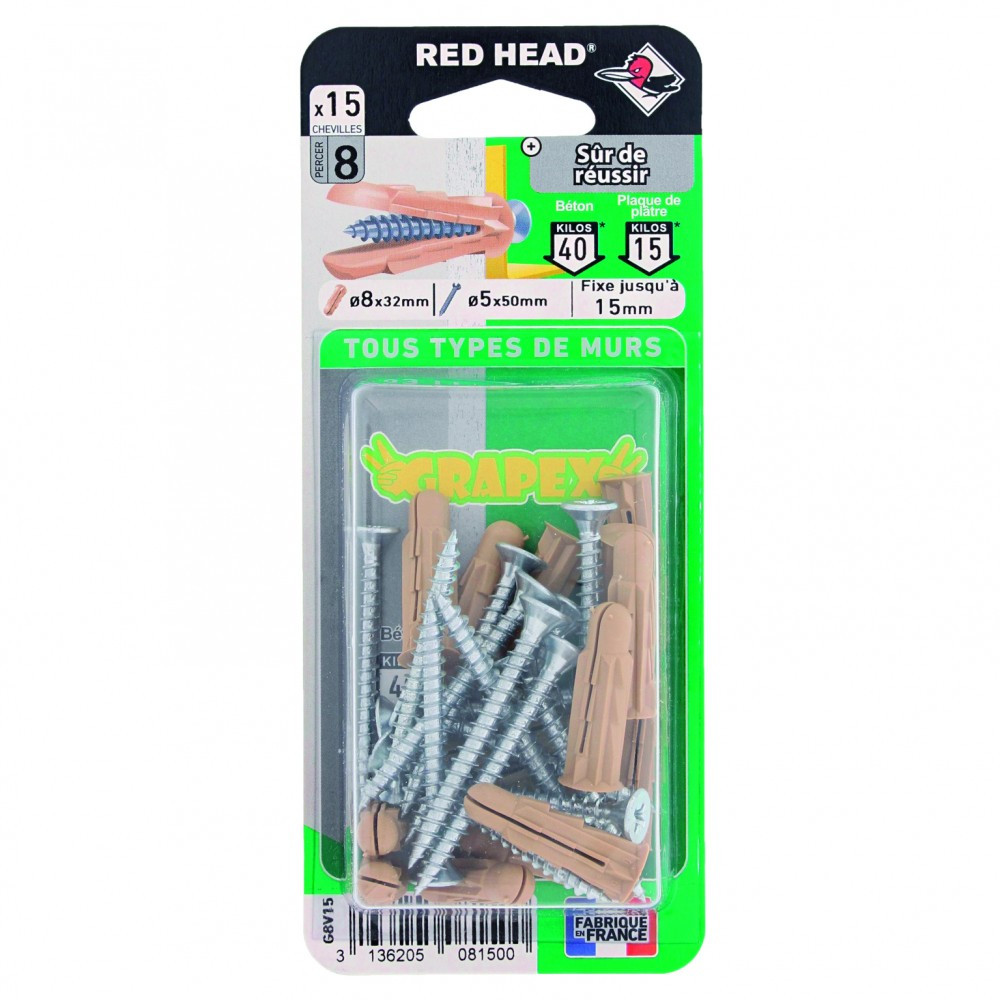 Lot de 15 cheville et vis BATIFIX, Diam.8 x L.32 mm