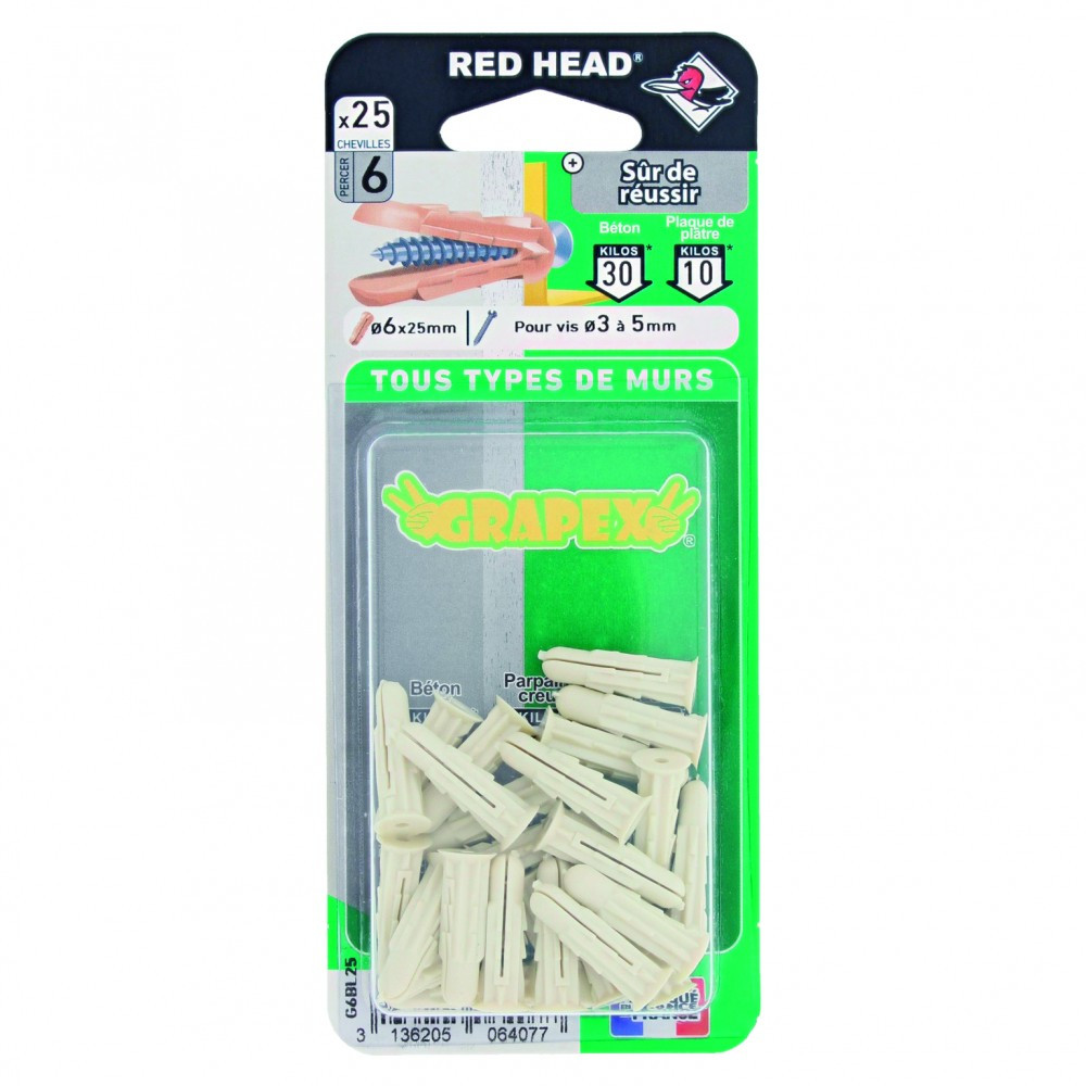Lot de 25 chevilles à expansion grapex RED HEAD, Diam.6 x L.25 mm