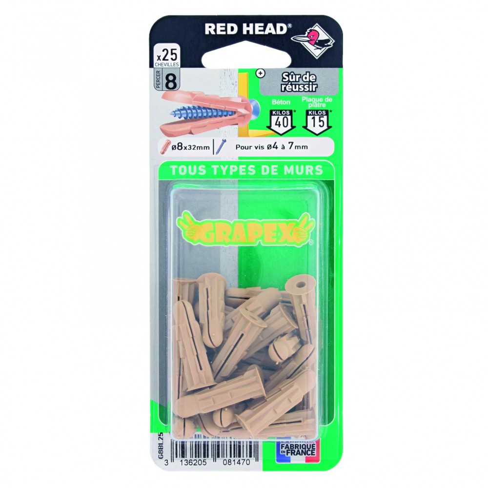 Lot de 25 chevilles RED HEAD, Diam.8 x L.32 mm