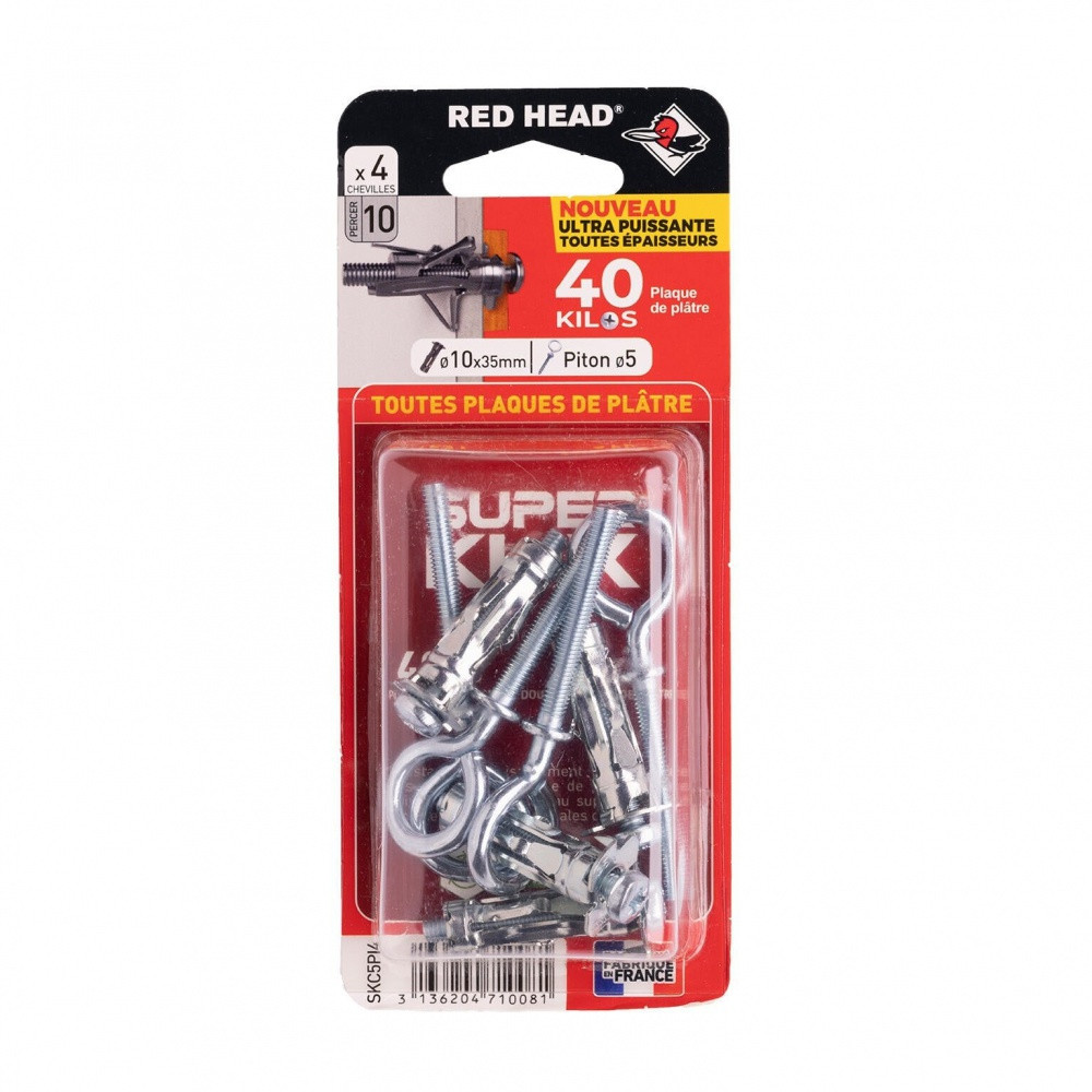 Lot de 4 chevilles Diam.10 x L.35 mm et piton RED HEAD, Diam.5mm