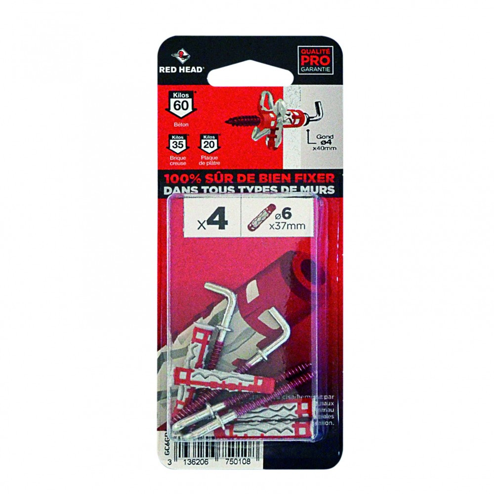 Lot de 4 chevilles et gonds couleur RED HEAD, Diam.6 mm x L.37 mm