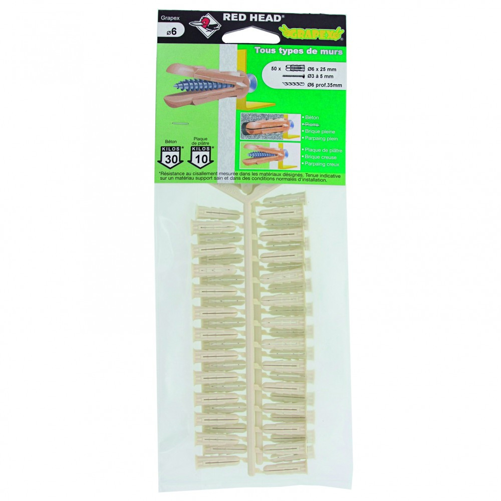 Lot de 50 chevilles à expansion grapex RED HEAD, Diam.6 x L.25 mm